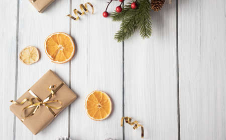 Christmas flat lay composition on white wooden backgroundの写真素材