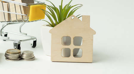 Close-Up Of Model Home With Coins And Miniature Shopping Cart On Tableの写真素材