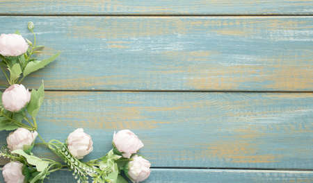 Fresh lilac flowers on the wooden vintage background. Selective focus.の写真素材