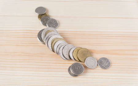 Coins on a wooden table, the concept of finance.