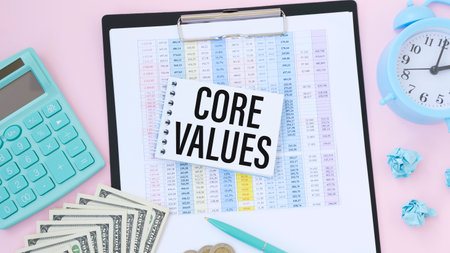 Notebook with text inside Core Values on table with calculator and some sheet of papers with charts and diagramsの写真素材
