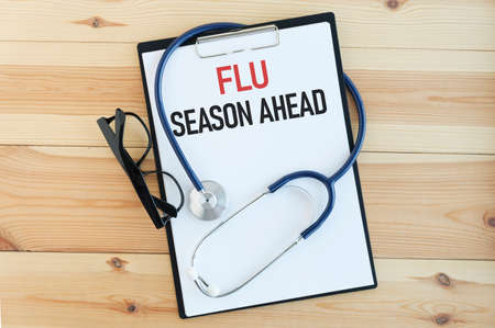Concept words Flu season ahead. Medical and Coronavirus COVID-19 protection concept.の写真素材