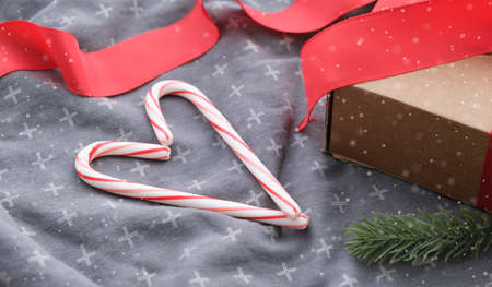 New Year holiday background. Flat-lay of greeting card, glittering toysの写真素材