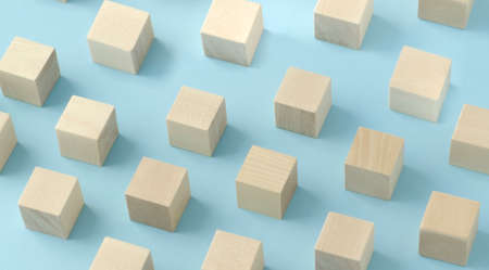 Wooden cube concept isolated on blue background, pattern. pattern background.