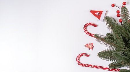 Christmas decorations lie on a white background with place for textの写真素材