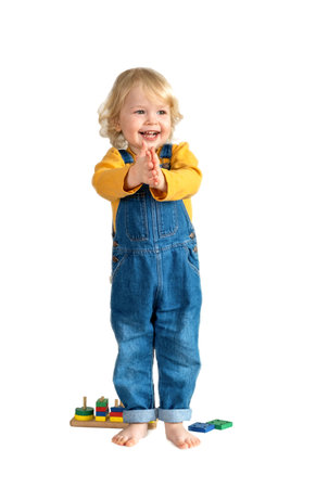 A little cute happy girl claps her hands on a white background. Isolated side view, vertical foto.の写真素材