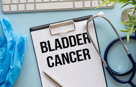 Medical text Bladder Cancer on the card. white background, stethoscope, medicine. medical conceptの写真素材