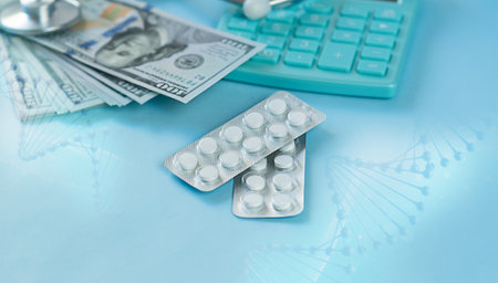 Medicine pills, calculator and hypodermic needle with dollars and arrow up. The concept of growth in...