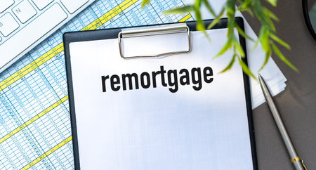 Text remortgage on white paper sheet and marker on businessman hand on the diagram. Business conceptの写真素材