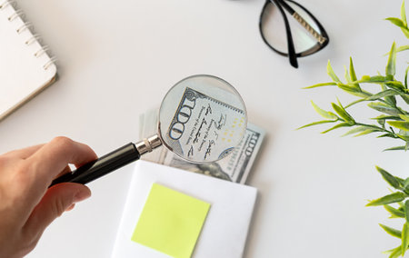 Hand holding a magnifying glass over US dollars on office deskの写真素材