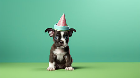 Boston Terrier Puppy in Cone Hat and Bowtie. Delightful and Vibrant Advertisement with Copy Spaceの素材