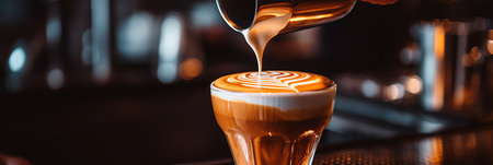 Artistic Barista Craftsmanship. Pouring a Heart-Shaped Cappuccino Exuding Cozy Coffee Shop Ambianceの素材