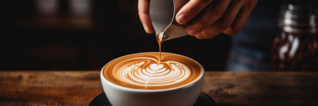Skilled barista pouring heart-shaped cappuccino. Artistic capture of cozy coffee shop ambianceの素材
