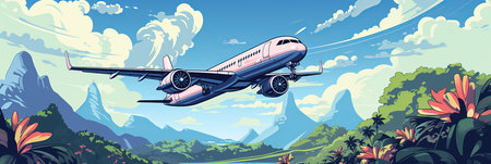 Vibrant Blue Sky Travel. Airplane Soaring Through Clouds with Blue Passport and Luggageの素材
