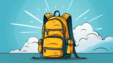 Online School Banner. Vibrant Yellow Backpack with Scientific Doodles on Checkered Paper Backgroundの素材