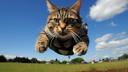 Vibrant Snapshot of a Mischievous Tabby Cat Mid-Leap, Captivating the Camera with its Playful Charmの素材
