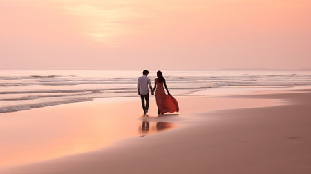 Tropical Paradise. Couple Walking Hand in Hand on Sun-Kissed Shores of Baa Atoll, Maldivesの素材