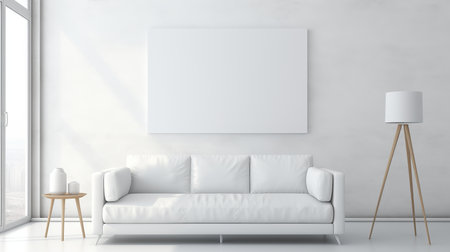 Contemporary Office Decor. White Canvas on Minimalistic Wall in Modern Workspaceの素材