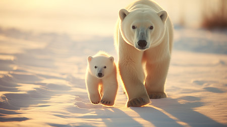 Arctic Majesty. Polar Bear and Cub Roaming on Norwegian Arctic Ice, Enveloped in Sunlightの素材