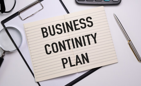 Business continuity plan. The text label in the folder office of the Registrar and chart the effectiveness of business planning. Strategy for achieving goals in the future.の写真素材