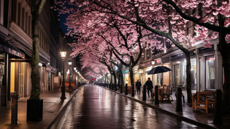 Captivating Nighttime Display. Vibrant Cherry Blossom Trees Illuminated in Stunning Glowの素材