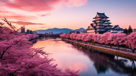 Spring in Japan. Vibrant Cherry Blossom Trees, Stunning Sunset, and Traditional Roofsの素材