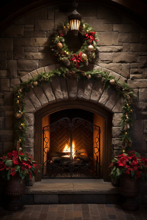 Enchanting Midjourney Ambience. Cozy Fireplace with Festive Decorations and Twinkling Lightsの素材