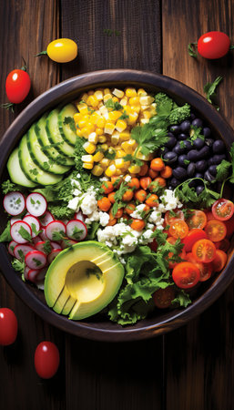 Assorted Fresh Salads with Leafy Greens, Vegetables, and Protein on Rustic Wooden Backgroundの素材