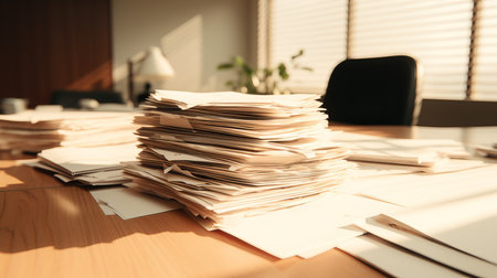 Cozy and Warmly Lit Workspace with a Stack of Papers on the Desk, Casting Beautiful Shadowsの素材