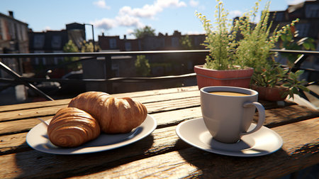 Delicious croissant and cup of coffee on an urban outdoor coffee table in a scenic settingの素材
