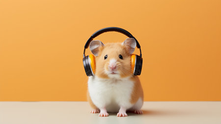 Adorable hamster in stylish wireless headphones on plain background with copy spaceの素材