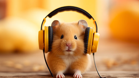 Cute hamster wearing stylish wireless headphones on plain background with copy spaceの素材