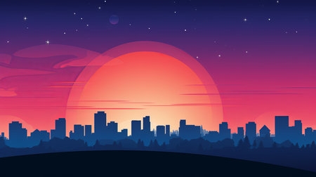 City Skyline Silhouette Against Colorful Sunset Sky with Beautiful Abstract Patternsの素材
