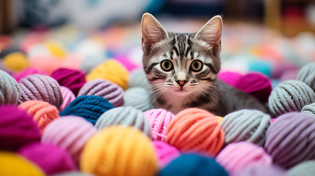 Playful striped cat and curious kitten with pink and grey yarn balls on a white bedの素材
