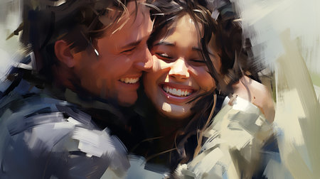 Two Professional Women Sharing a Light-Hearted Moment Against Vibrant Blue Backdropの素材