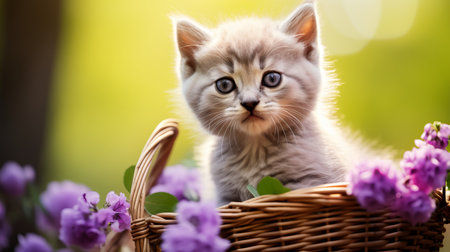 Youthful Cat in Collar Among Lilac Flowers in Wicker Basketの素材