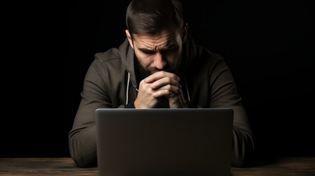 Pensive young professional deep in thought, focusing on solving computer problem in dimly lit officeの素材