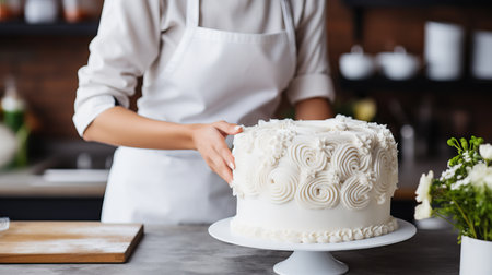 Close Up of Woman Chefs Hands Decorating Cakes with White Kitchen Background, Culinary Conceptの素材