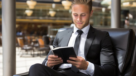 Professional businessman in suit sitting at modern airport terminal waiting areaの素材