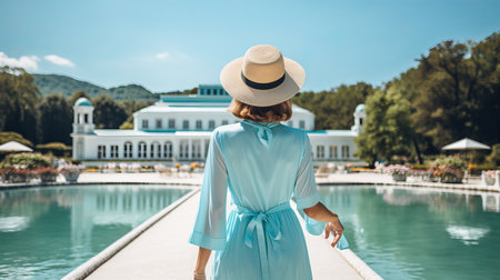 Young woman enjoying a refreshing swim in a luxurious resort pool on a sunny dayの素材