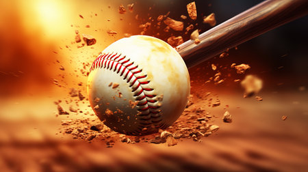 Dynamic and powerful baseball bat impact hitting baseball in action with intense energy and forceの素材