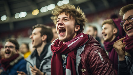 Passionate fans cheering for favorite team in crowded stadium with excitement and energyの素材