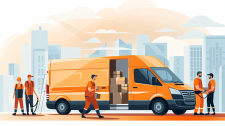 Professional workers unloading boxes from van for moving service with ai technologyの素材
