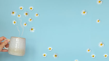 Persons hand holding a steaming cup of hot chamomile tea, with delicate white flowers floating on the surface. The background is a soothing light blue, creating a calm and serene atmosphere.の写真素材
