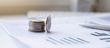 Saving stack coins money concept, graph, chart document and pen on desktop desk in hipster office,...
