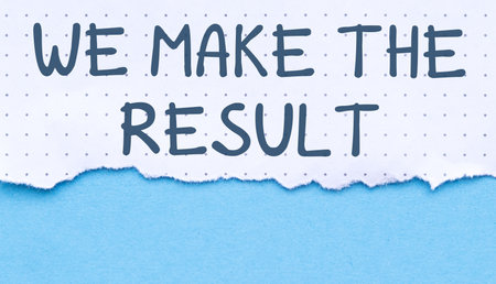 Blue paper with ragged edges and the text We make the result in the center, symbolizing achievement and success. Ideal for business or educational concepts, evoking accomplishment and determination.の写真素材