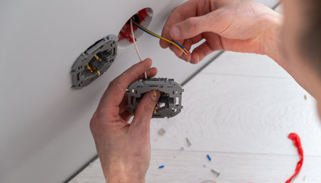 Professional electrician working on a home electrical system, he is installing a wall socket