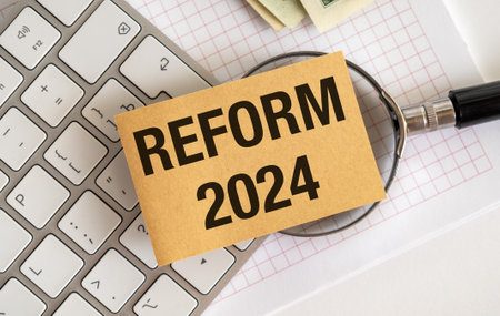 REFORM 2024 Text on notebook in office desk workplace background. Business strategy, Business and financial conceptの写真素材