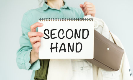White plastic hangers, hand holding white paper . Text Second Hand. Trendy pastel white background....