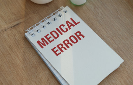 Medical Error text on a paper with pills and stethoscope on table